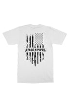 Load image into Gallery viewer, gildan 5000-Stars and Pipes on white with black de